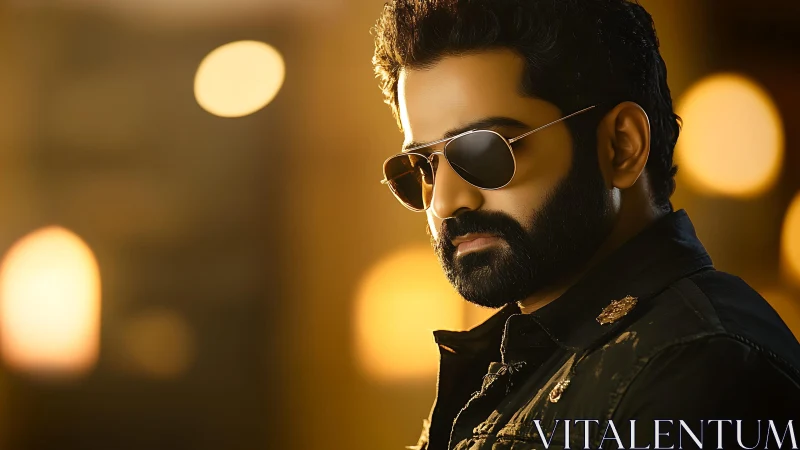 Bearded male subject in sunglasses against defocused lights.