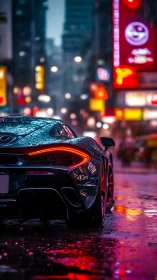 Rear wet supercar displays neon-lit reflections on rainy street
