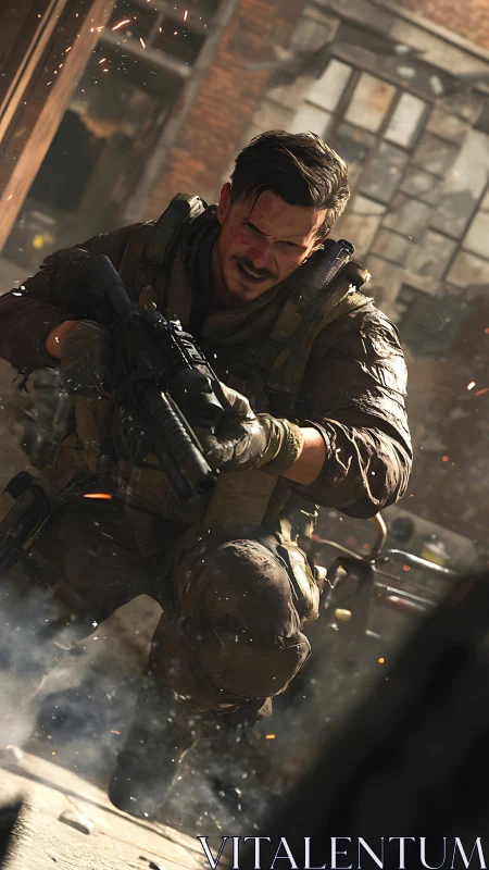 Dust and sparks orbit a battle-hardened soldier in motion