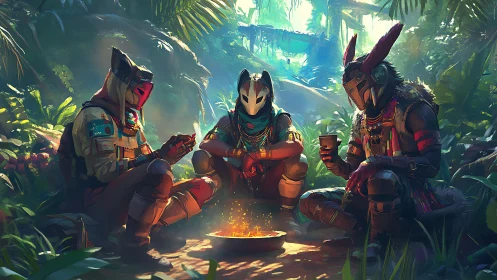 Cyber-tribal warriors encircling campfire in lush jungle tableau.