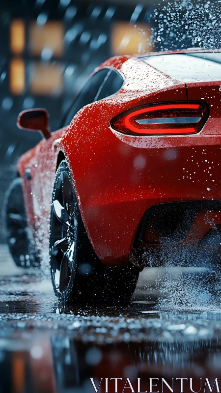Rear-angle red sports coupe in dynamic wet-environment rendering.