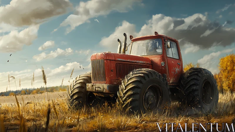 Broad-tired red tractor rumbles through sunlit autumn field