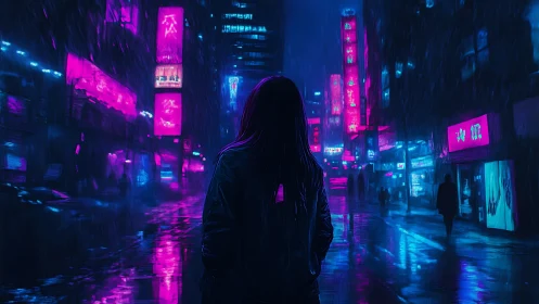 Solitary observer in neon-saturated cyberpunk rainscape nocturne.