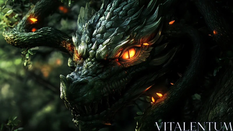 Dragon head emerges from dense forest with bioluminescent glow