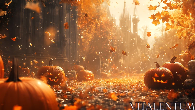 Glowing jack o’lanterns in an autumn castle courtyard scene.