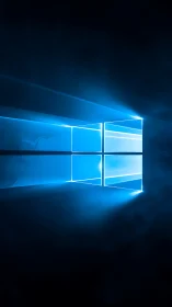 Glowing blue window grid with volumetric light beams in fog.