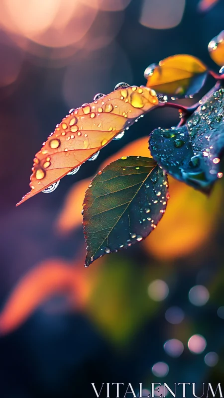 Macro shot records water droplets on colorful backlit leaves