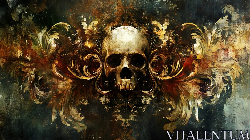 Human skull centered in ornate abstract floral composition.