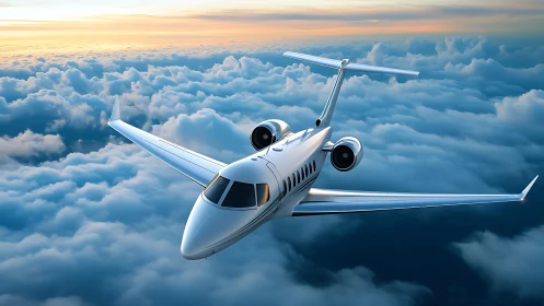 Low wing twin jet business aircraft cruising above clouds at dusk