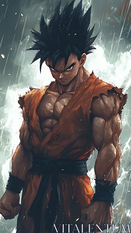 Fierce anime warrior stands strong in stormy glowing rain.