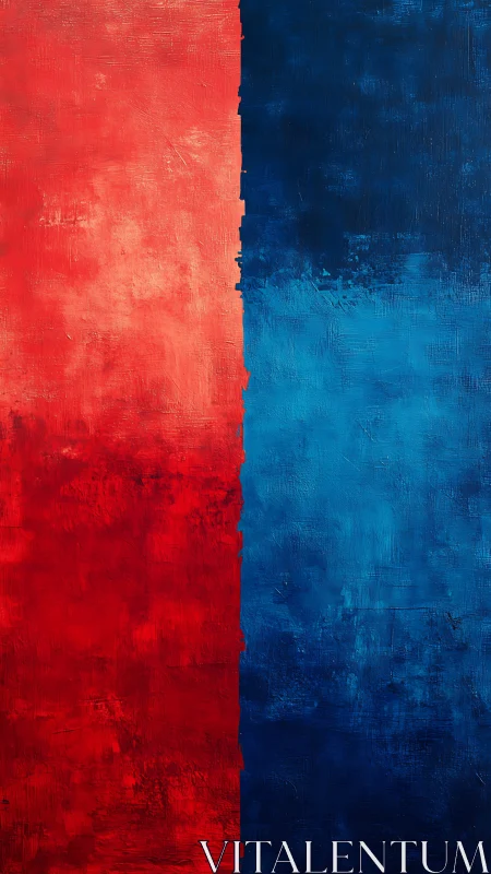 Bold red and blue color fields collide in textured harmony.