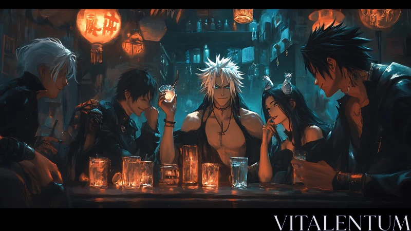 Neon-lit anime bar scene with stylish dark fantasy drinkers.