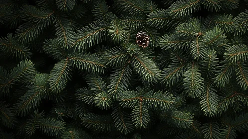 Dense evergreen fir branches with single illuminated pinecone