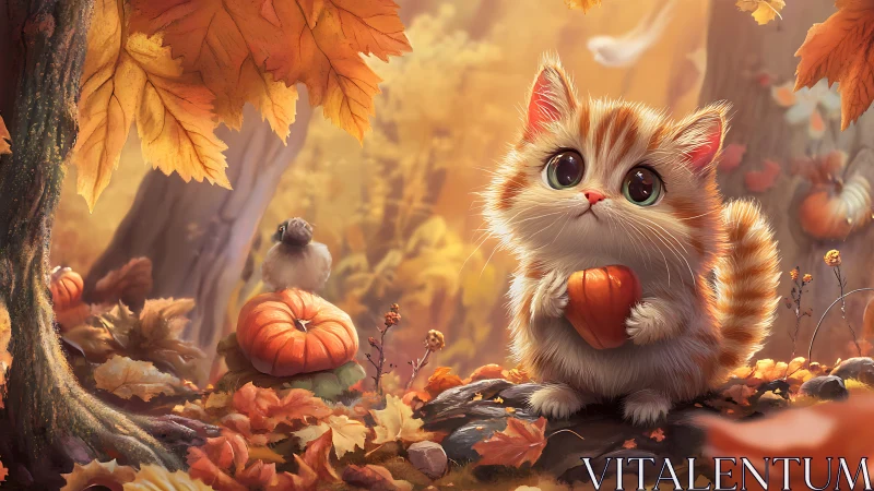 Autumn Forest Kitten Holds Pumpkin Among Golden Leaves and Warm Light