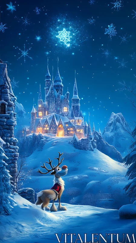 Snowlit reindeer gazes at enchanted castle of winter starlight.