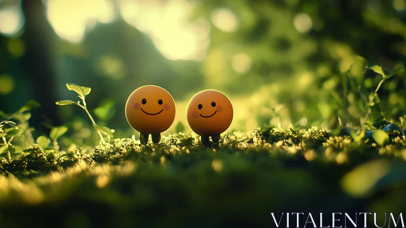 Smiling yellow friends stand glowing in a dreamy forest meadow.