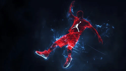 Glowing red basketball silhouette dives through electric space.