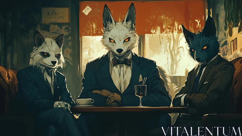 Anthropomorphic canids in suits sit at a dim caf&eacute; table