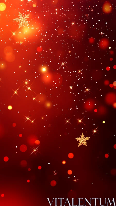 Golden snowflakes glow against a festive red bokeh sky