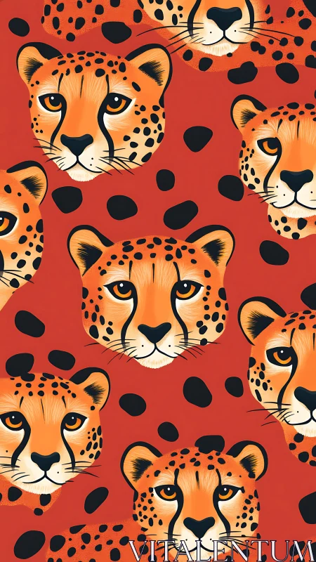 Cheetah Heads Repeat Pattern on Vibrant Red.