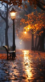 Rainy park path with bench and glowing street lamps.