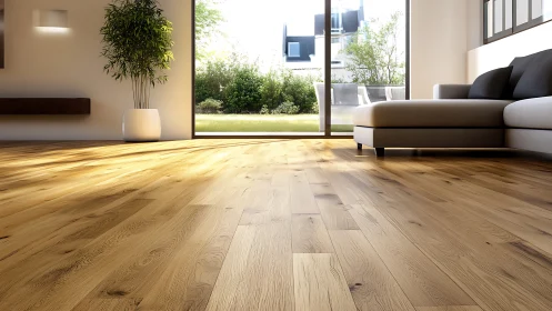 Sunlit wooden floor in a calm, cozy modern living room.