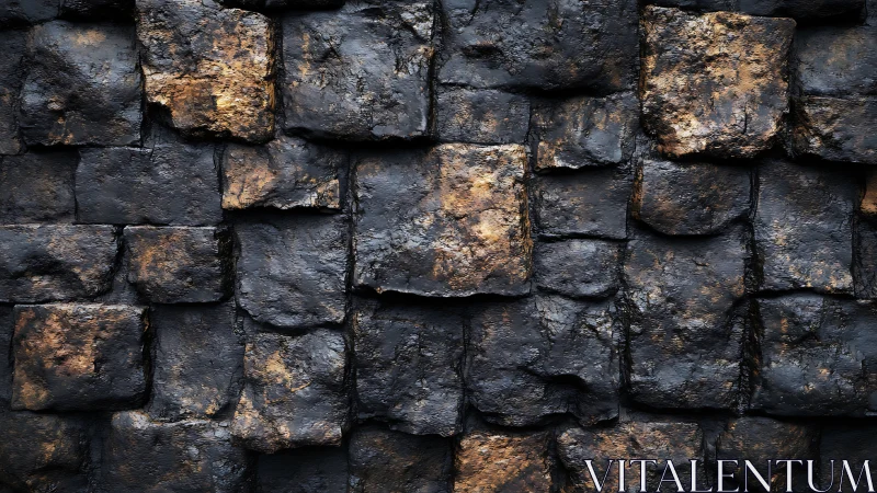 Dark textured stone wall with irregular rectangular blocks.