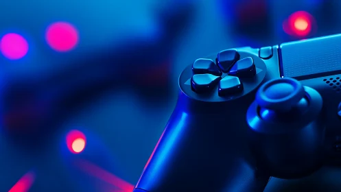 Gaming Controller Glows in Neon Blue and Magenta Light