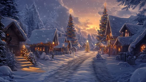 Snow covered village street shows lit Christmas trees at dusk
