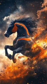 Fire-wreathed cyber steed leaping through storm and embers.