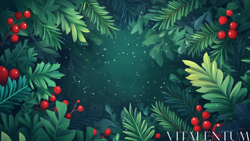 Deep green foliage frame with red winter berries.