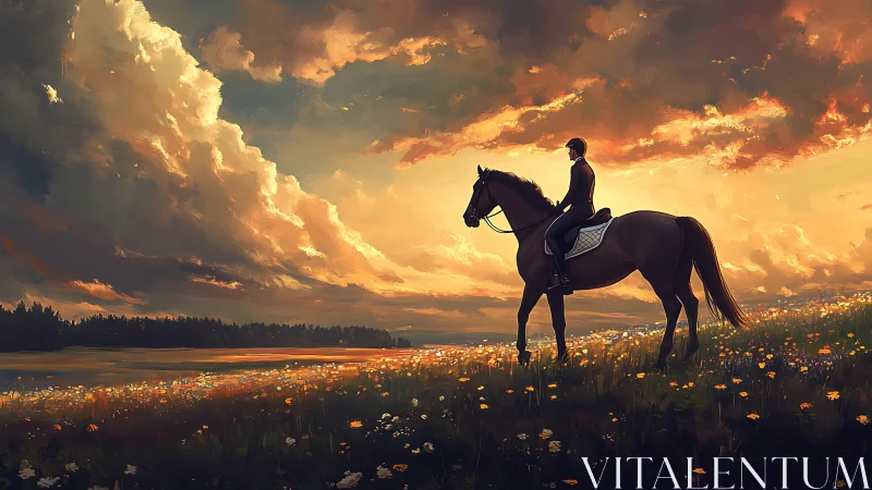 Golden hour rider pauses with a calm horse in wildflowers
