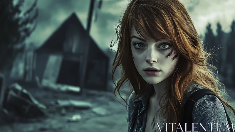 Fierce redheaded survivor stands strong in a ruined village