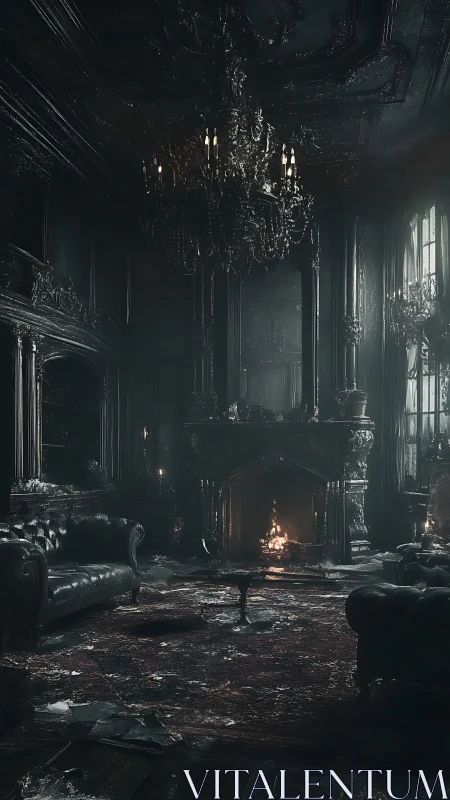 Gothic mansion parlor glows with dim firelit decadence.