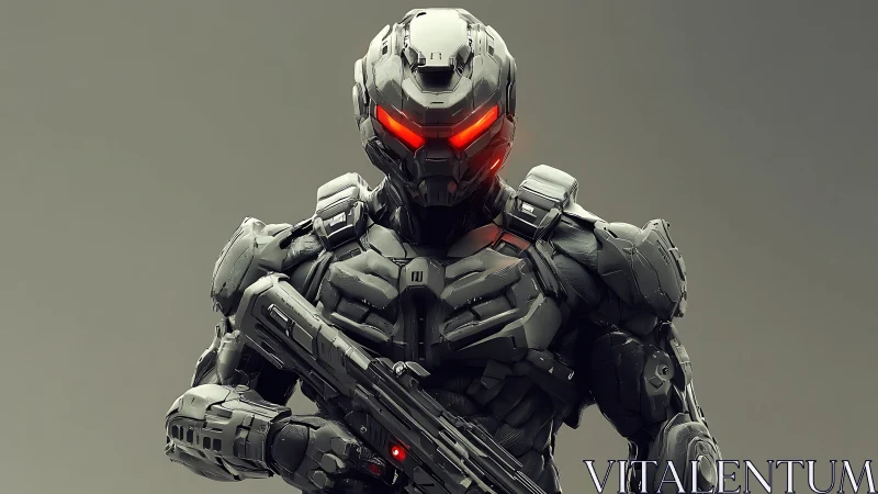 Futuristic armored cyborg stands ready with glowing red gaze