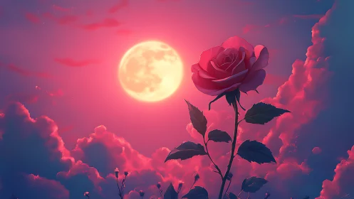 Scarlet moonlit rose rises through luminous pink clouds.