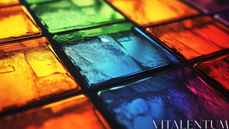 3D prismatic glass grid with saturated chromatic panels.