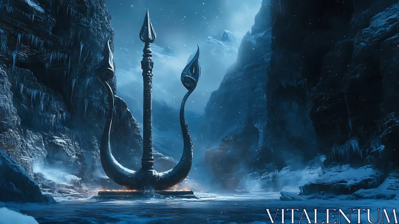 Frozen trident monolith guarding a myth-lit glacial pass.