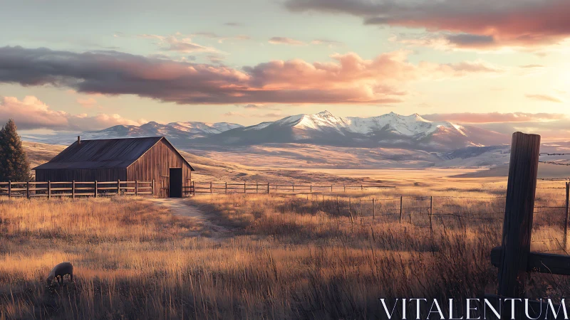 Sunlit country barn opening onto peaceful mountain plains.