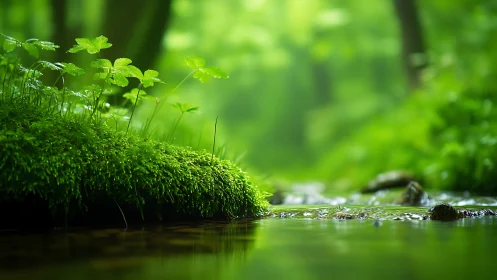 Peaceful forest stream with lush green moss in soft focus photography.