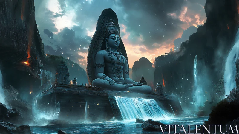Mountain temple colossus crowned in stormlit waterfalls.