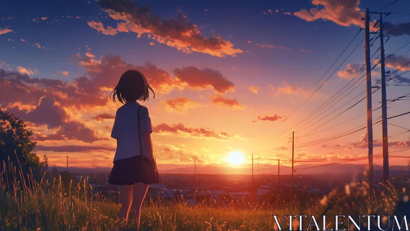 Quiet hillside sunset with a thoughtful girl and soft skies.