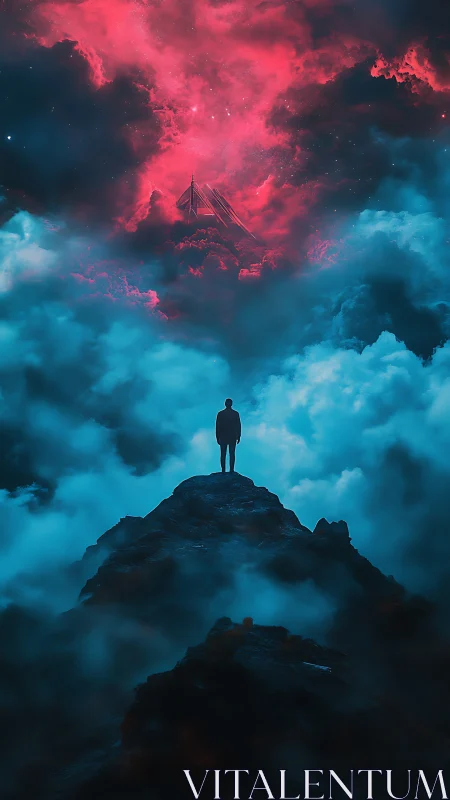 Stargazer on the ridge beneath a neon storm of cosmos.