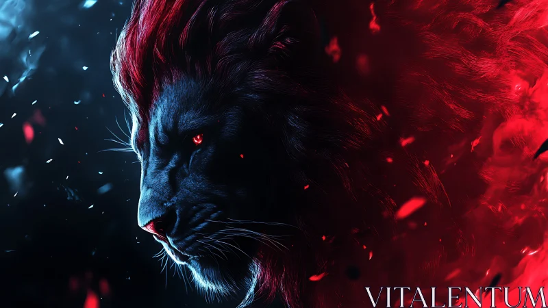 Bi-chromatic digital lion portrait divides ice and flame realms
