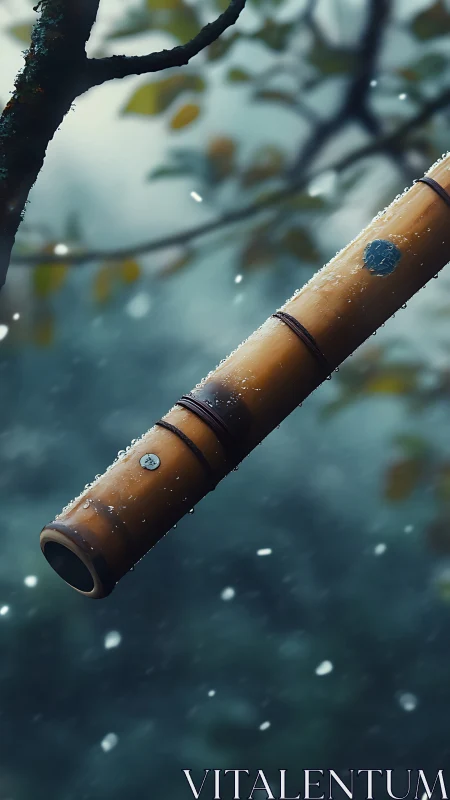 Weathered bamboo flute hangs in a misty forest snowfall.