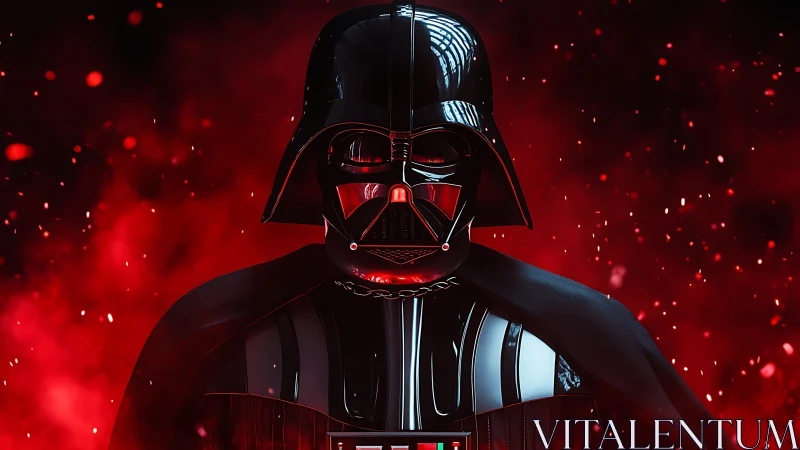 Iconic masked villain stands in a storm of crimson light.