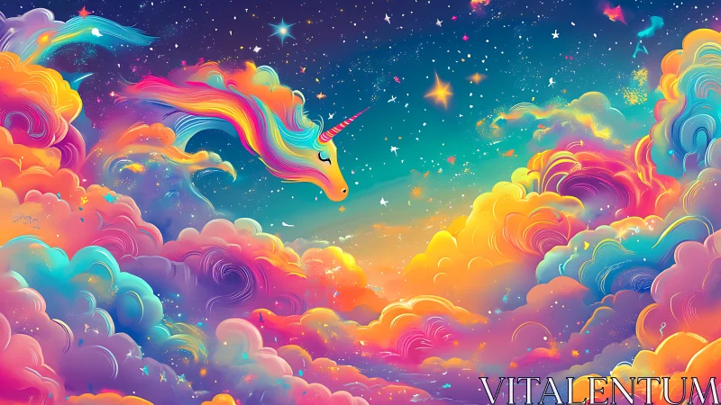 Chromatic unicorn drifts through neon-tinted volumetric skyfield
