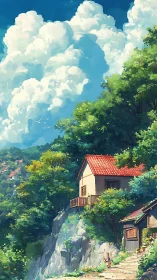 Sunlit cliffside house under towering cumulus clouds in anime style