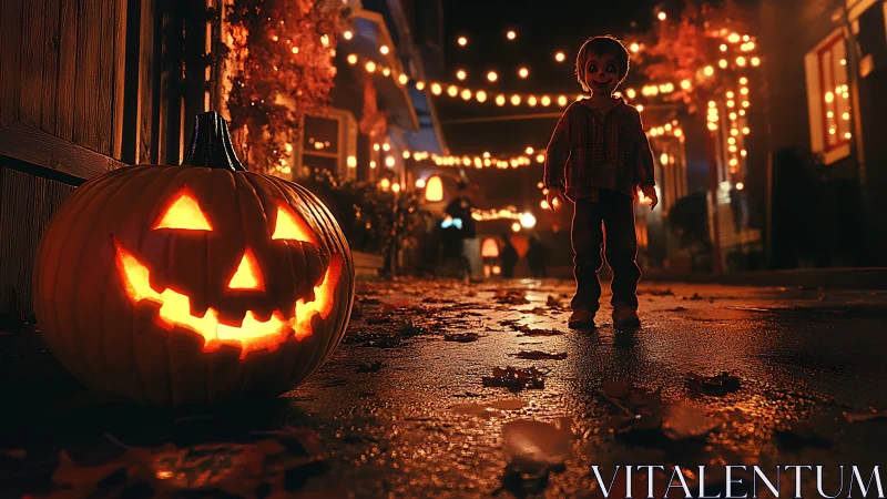 Glowing jack o lantern lights wet Halloween street at night