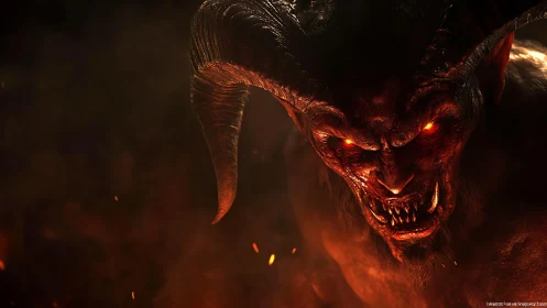Infernal horned demon rendered in fiery cinematic 3D.